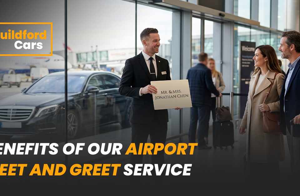 Airport chauffeur greeting arriving passengers with luxury car and professional driver at terminal