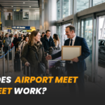 Passengers with luggage arriving at an airport terminal as a chauffeur greets a traveller near a waiting car.