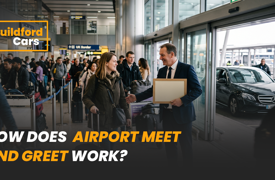 Passengers with luggage arriving at an airport terminal as a chauffeur greets a traveller near a waiting car.