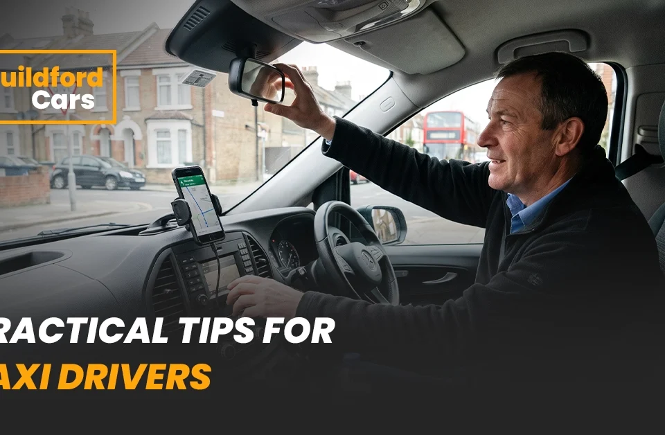 taxi driver checking the rearview mirror and navigation system while driving through a residential street
