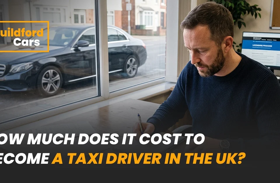 Man reviewing paperwork at a desk beside a parked taxi