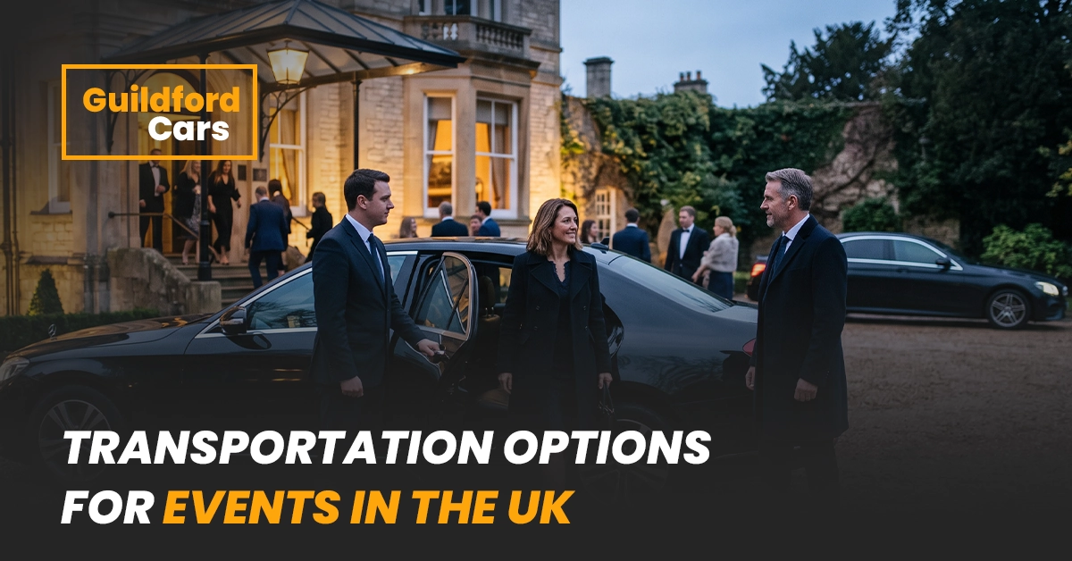 Black luxury car parked outside an elegant event venue with guests in formal attire.