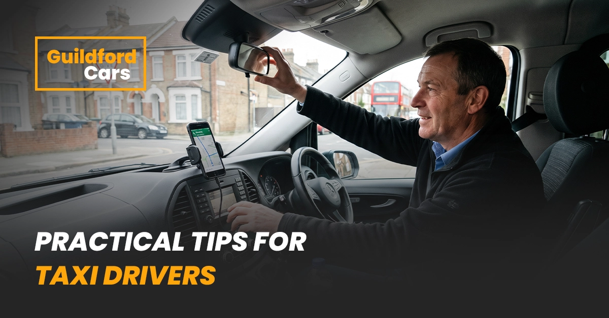 taxi driver checking the rearview mirror and navigation system while driving through a residential street